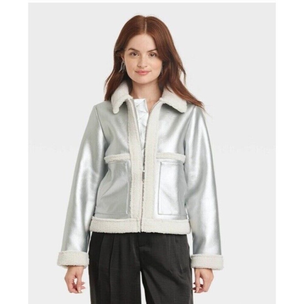 A New Day Women'sjakcet moto Metallic Shearling long sleeve Size S NWT
